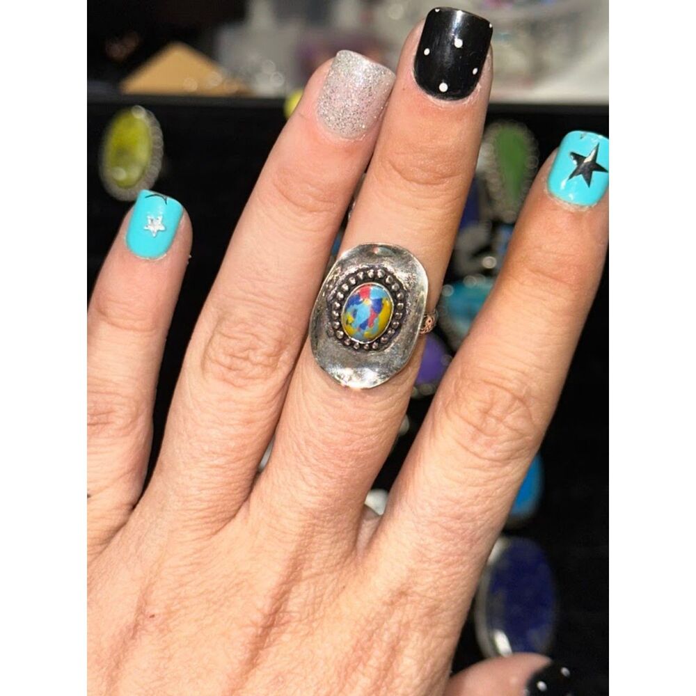 Yellow Mosaic Turquoise Cowboy Hat Sterling Overlay Ring Size 7